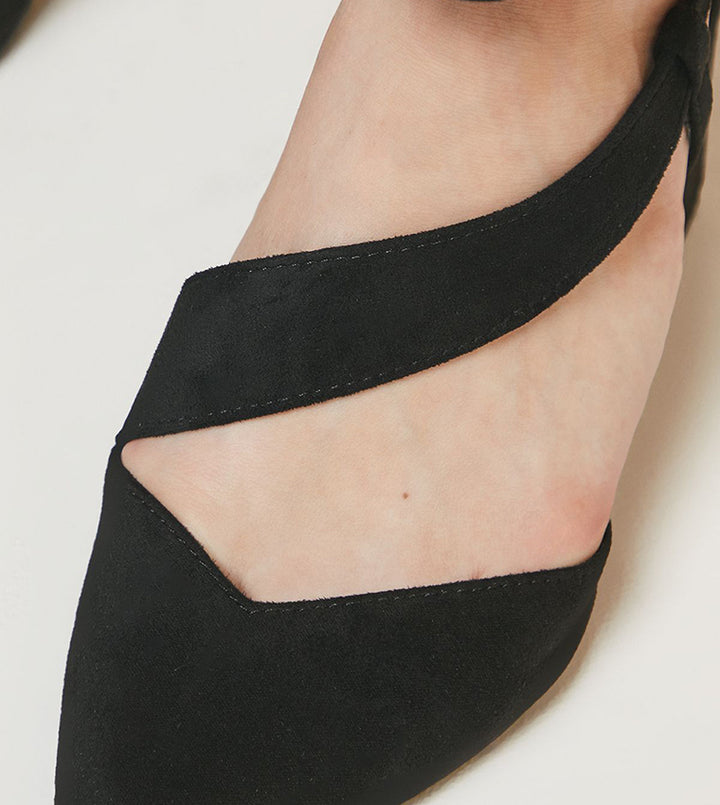 Women's Wide Fit Wallis Eve Asymmetric Strap Block Heel Pointed Court Shoes in Natural Black - Image 1