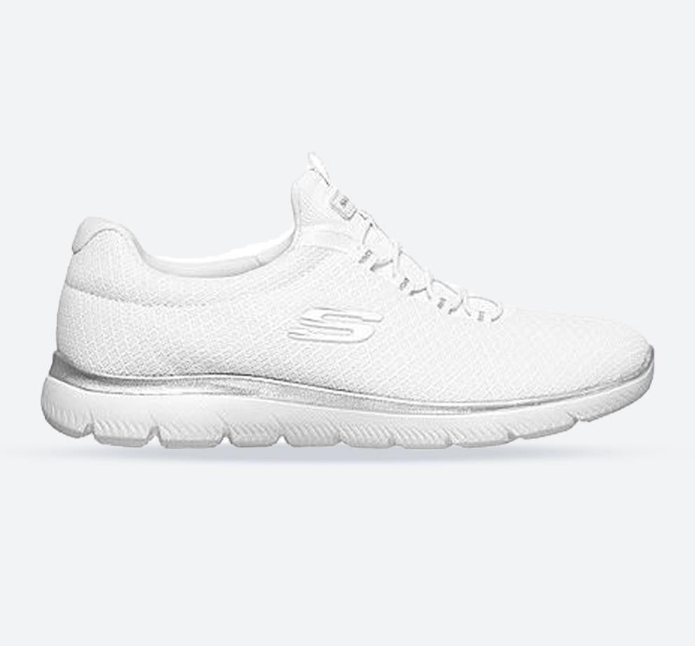 Women's Wide Fit Skechers 12980W Summits Slip On Sports Trainers in White/Silver - Image 1