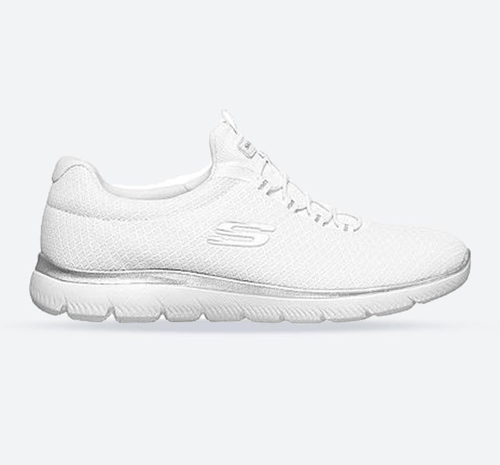 Women's Wide Fit Skechers 12980W Summits Slip On Sports Trainers in White/Silver - Image 1