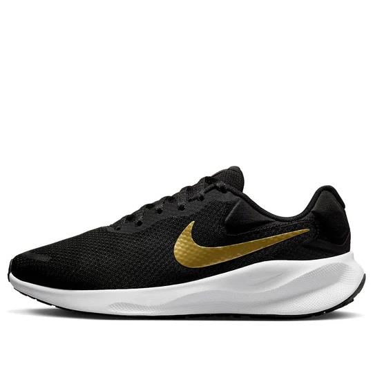 Women's Wide Fit Nike FZ6829-002 Revolution 7 Trainers in Black/White/Metallic Gold - Image 1
