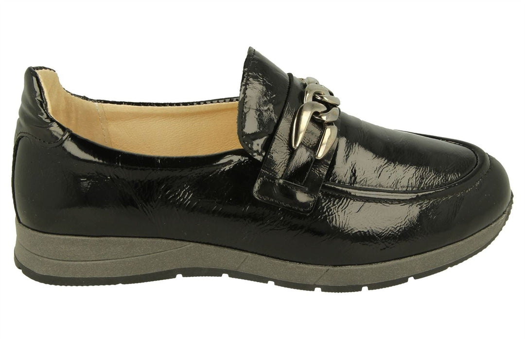 Womens Wide Fit DB Mandarin Shoes in Black Patent Crinkly Leather - Image 2