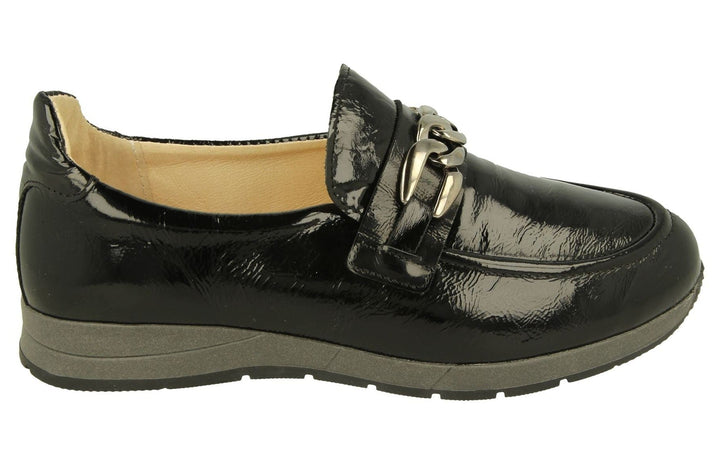 Womens Wide Fit DB Mandarin Shoes in Black Patent Crinkly Leather - Image 1