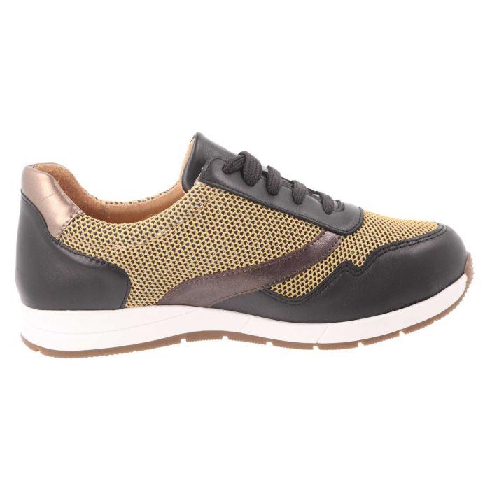 Women's Wide Fit DB Ava Lace Up Trainers in Black Leather / Gold Mesh - Image 1
