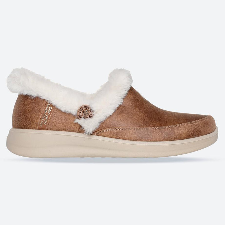 Women's Wide Fit Skechers 168114 Slip-ins Cozy Escape Slippers in Chestnut - Image 1