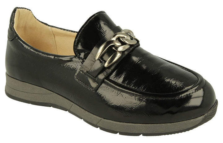 Womens Wide Fit DB Mandarin Shoes in Black Patent Crinkly Leather - Image 1