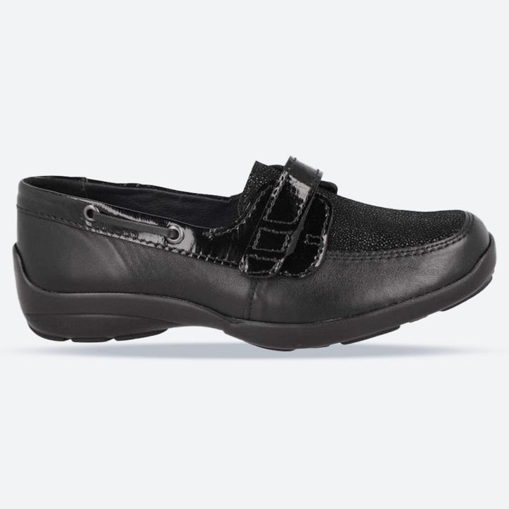 Women's Wide Fit DB Fiddle Shoes in Black Leather / Patent / Spot - Image 1