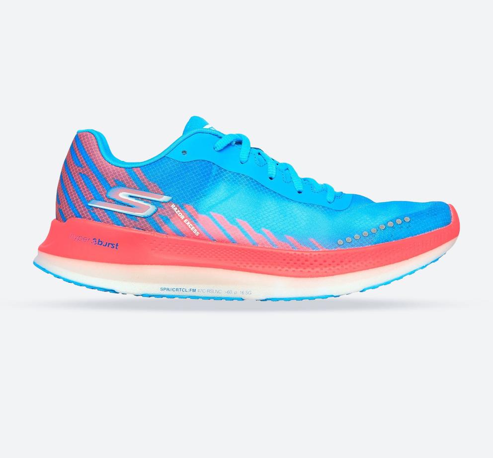 Women's Wide Fit Skechers 172004 Go Run Razor Excess Sports Trainers in Blue/Coral - Image 1