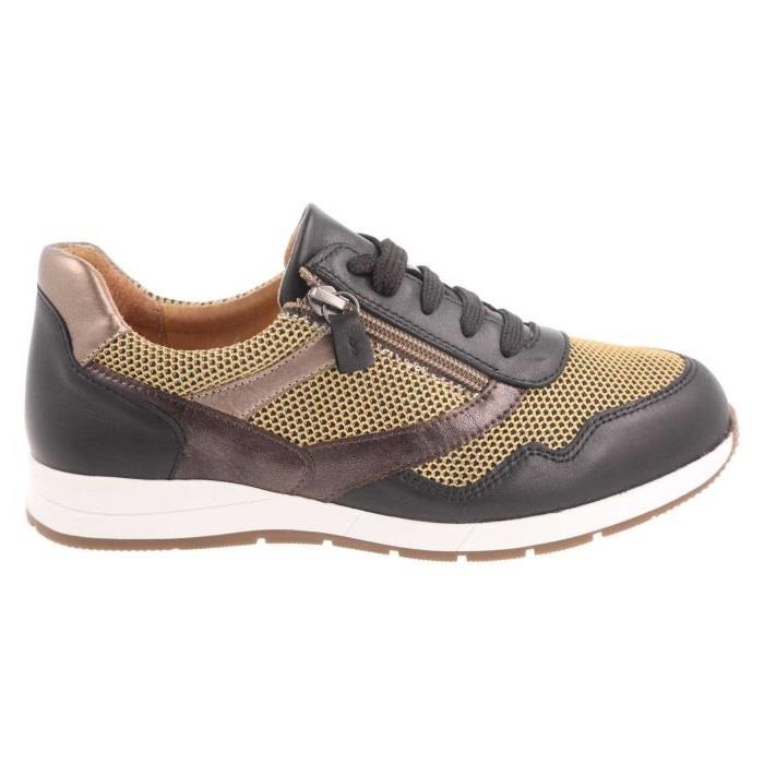 Women's Wide Fit DB Ava Lace Up Trainers in Black Leather / Gold Mesh - Image 1