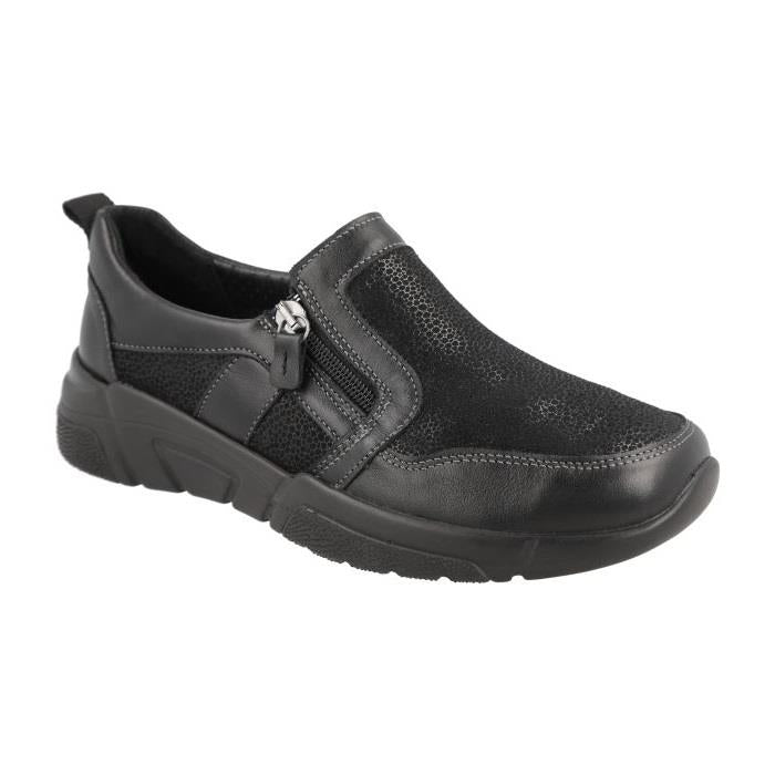 Women's Wide Fit DB Worth Shoes in Black Lea / Stretch Textile - Image 1