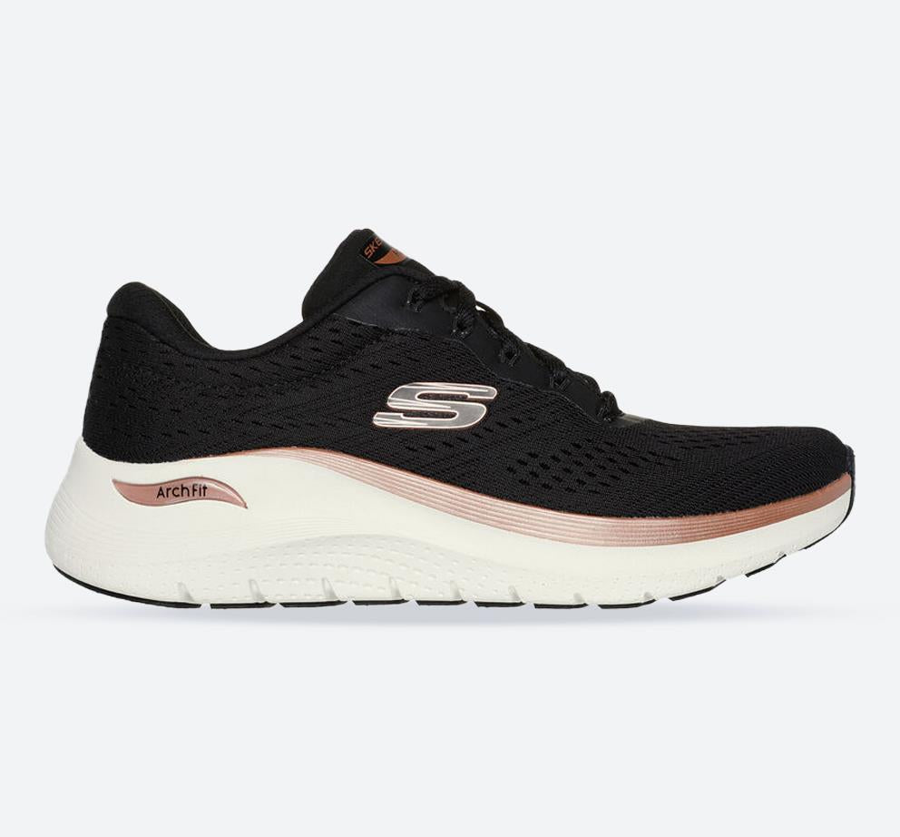 Women's Wide Fit Skechers 150067 Arch Fit 2.0 Glow The Distance Trainers in Black/Rose Gold - Image 1