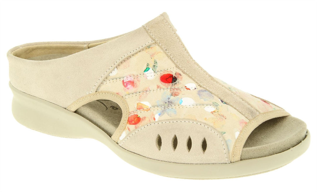 Womens Wide Fit DB Wigeon Mules in Beige Suede / Stretch Textile - Image 3
