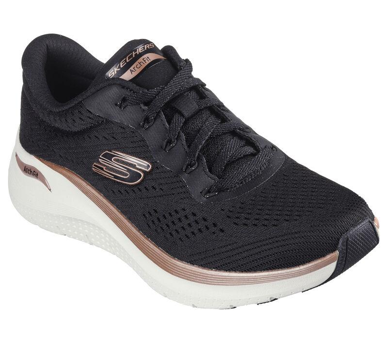 Women's Wide Fit Skechers 150067 Arch Fit 2.0 Glow The Distance Trainers in Black/Rose Gold - Image 3