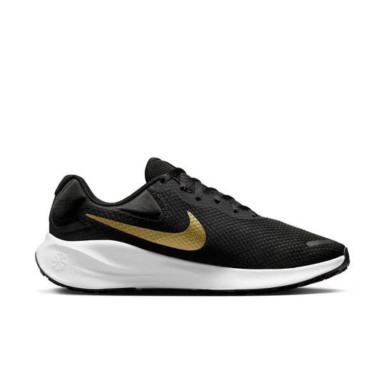 Women's Wide Fit Nike FZ6829-002 Revolution 7 Trainers in Black/White/Metallic Gold - Image 1