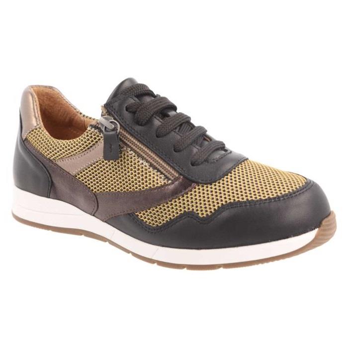 Women's Wide Fit DB Ava Lace Up Trainers in Black Leather / Gold Mesh - Image 4