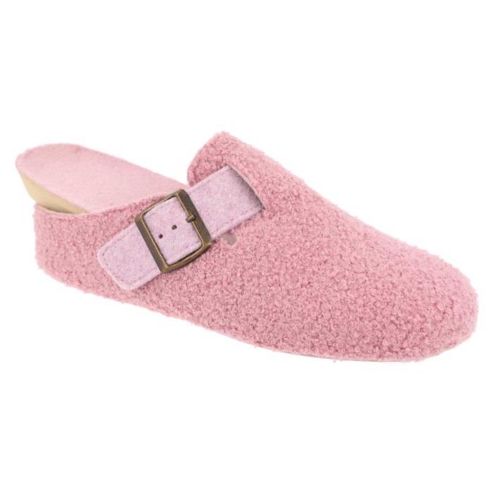 Women's Wide Fit DB Gill Buckle Mule Slippers in Pink Fleece - Image 6