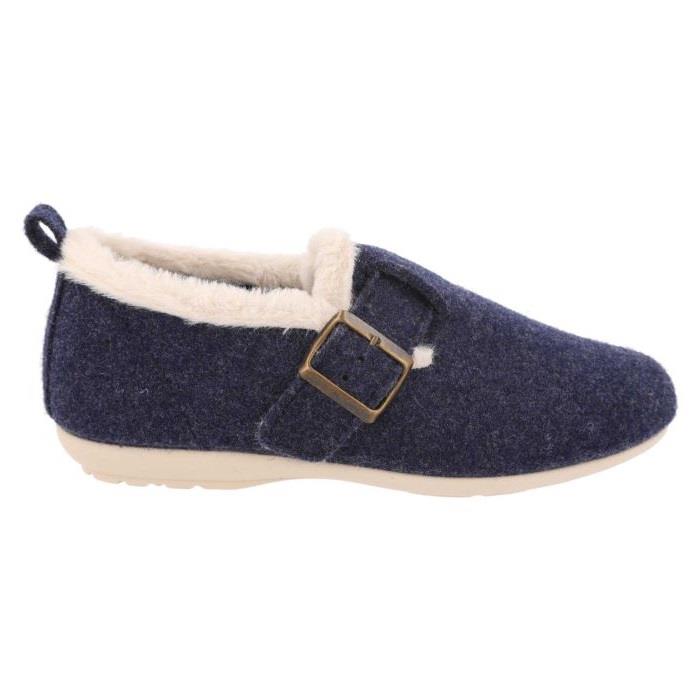 Women's Wide Fit DB Gracie Buckle Slippers in Navy Felt - Image 1