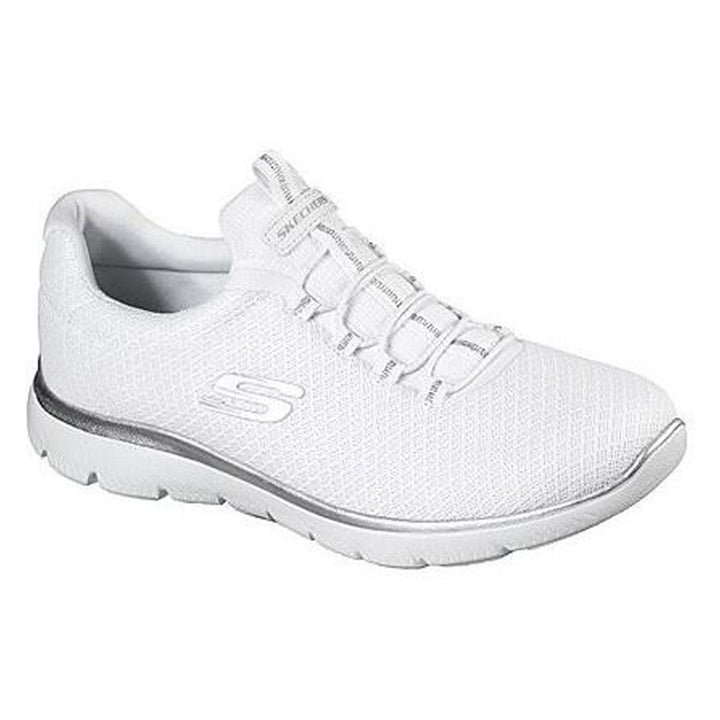 Women's Wide Fit Skechers 12980W Summits Slip On Sports Trainers in White/Silver - Image 1