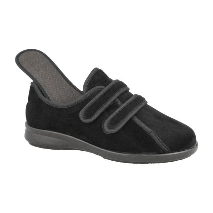 Women's Wide Fit DB Mansfield Slippers in Black Stretch Suedette - Image 1