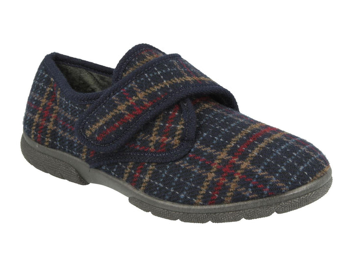 Mens Wide Fit DB Tartan Slippers in Navy Tartan - Image 1