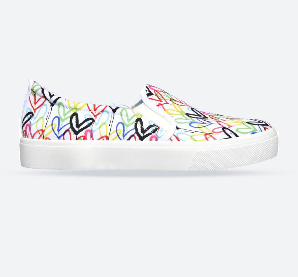 Women's Wide Fit Skechers 155503 Poppy Drippin Love Slip On Shoes in White/Multi - Image 1