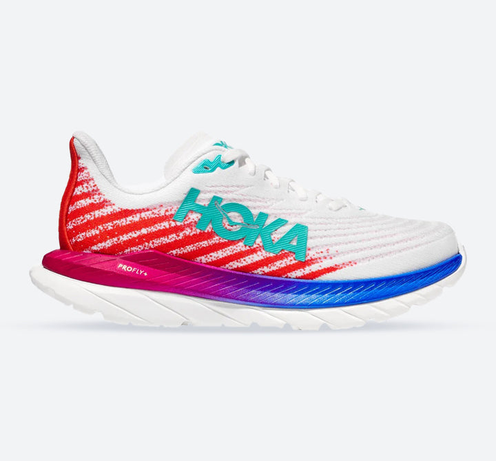 Women's Wide Fit Hoka Mach 5 Profly Running Trainers in White/Flame - Image 1