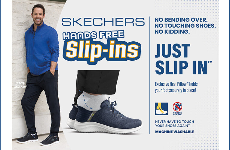 A Man in blue jacket and black pants leans with blue Skechers shoes