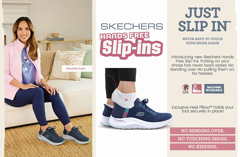 A woman wear navy and teal Skechers Slip-ins