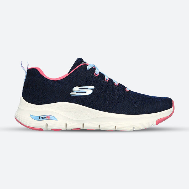 Womens Wide Fit Skechers Comfy Wave 149414 Arch Fit Trainers in Navy/Hot Pink - Image 1