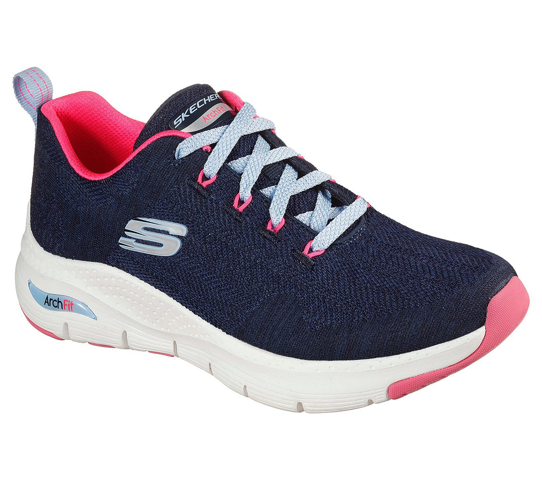 Womens Wide Fit Skechers Comfy Wave 149414 Arch Fit Trainers in Navy/Hot Pink - Image 3