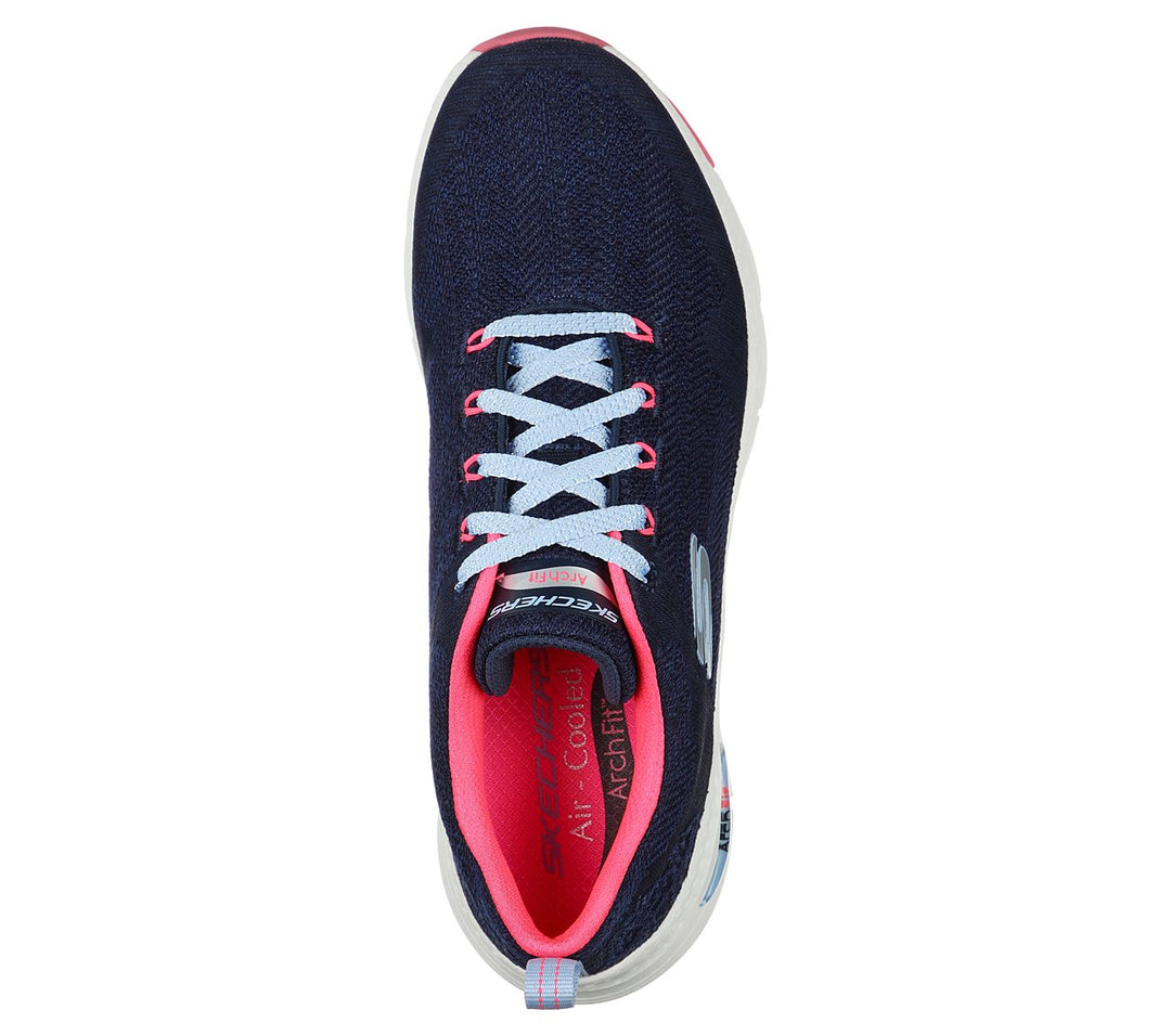 Womens Wide Fit Skechers Comfy Wave 149414 Arch Fit Trainers in Navy/Hot Pink - Image 5