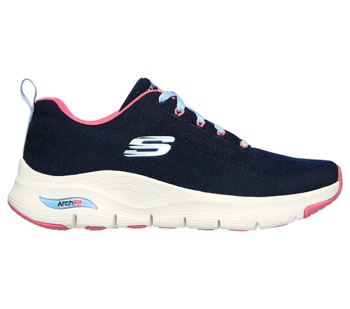 Womens Wide Fit Skechers Comfy Wave 149414 Arch Fit Trainers in Navy/Hot Pink - Image 1