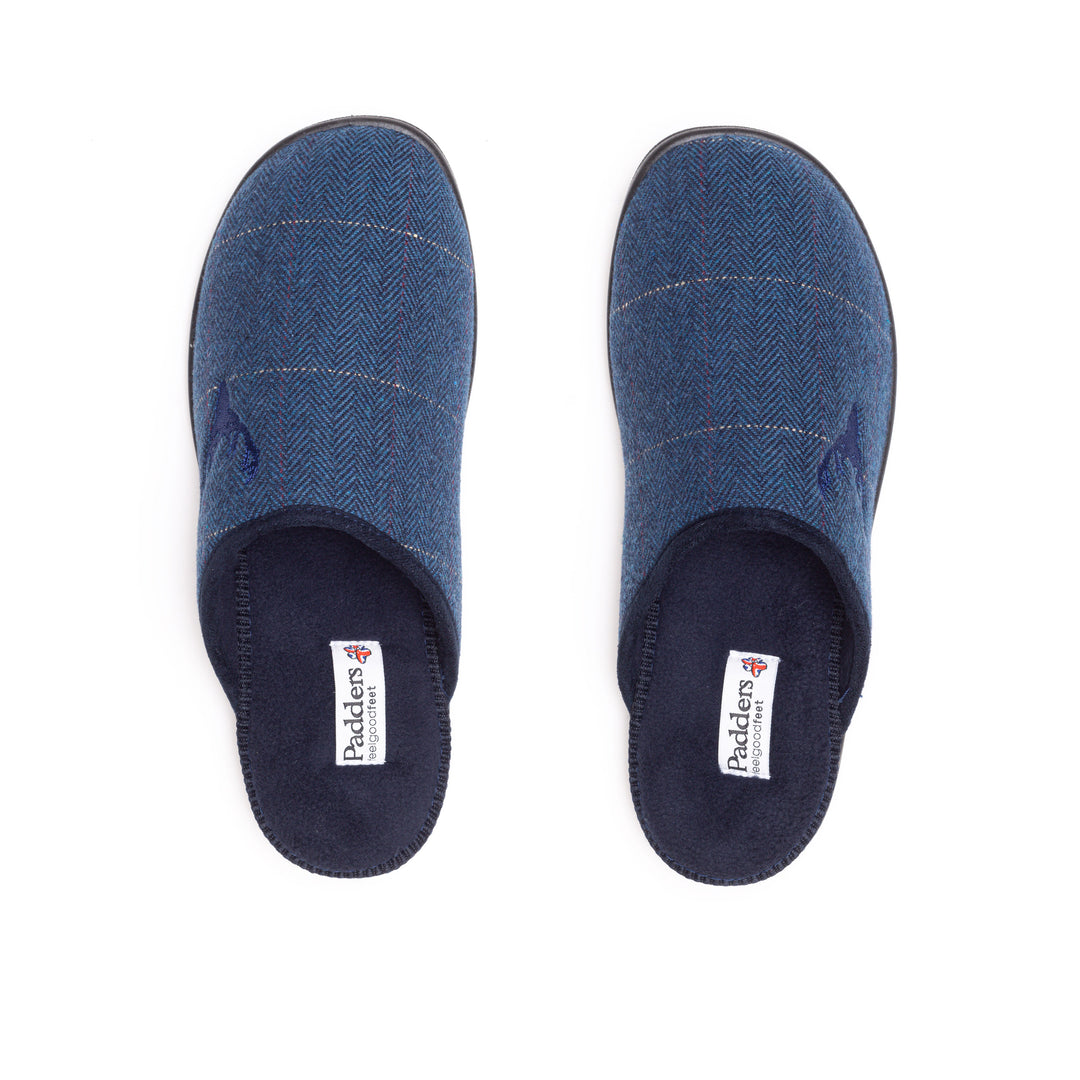 Mens Wide Fit Padders Stag Mule Slippers in Navy Combi - Image 4
