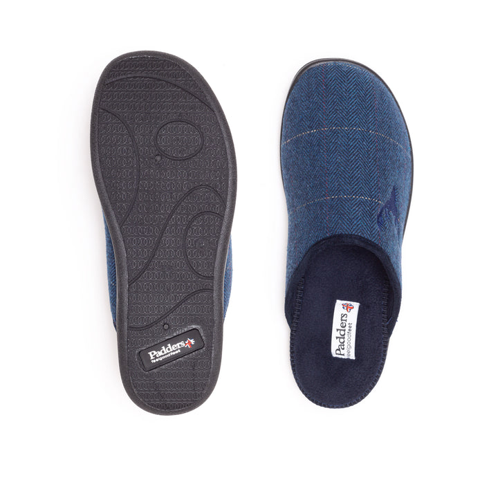 Mens Wide Fit Padders Stag Mule Slippers in Navy Combi - Image 1